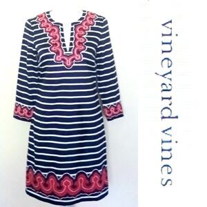 Vineyard Vines A Line V Neck Dress Navy White Striped Red Applique Sz 2